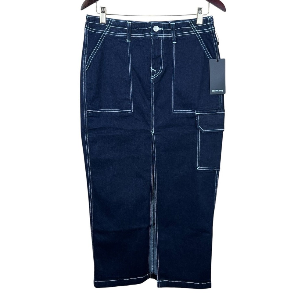 True Religion Women's Denim Cargo Maxi Skirt |Size‎ 28 | Dark Wash | NWT